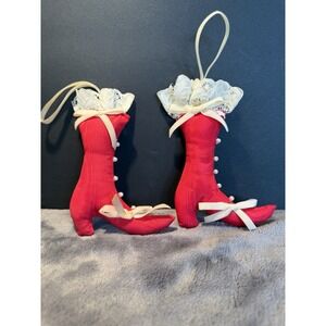 VTG 2 Victorian Red Stilettos High Heel Boot Faux Pearls Lace Christmas Ornament